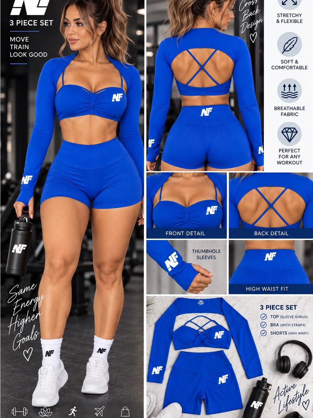 Women's Electric Blue Sports Bralette, Shrug & High-Waist Shorts Set